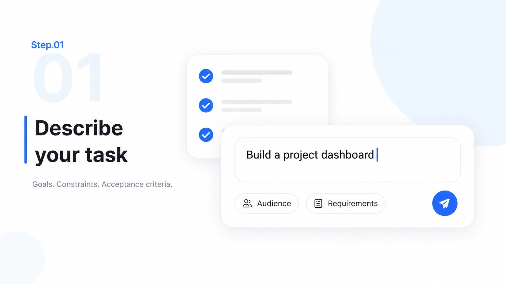 Step 01 illustration: a coding task prompt and a short checklist of requirements.