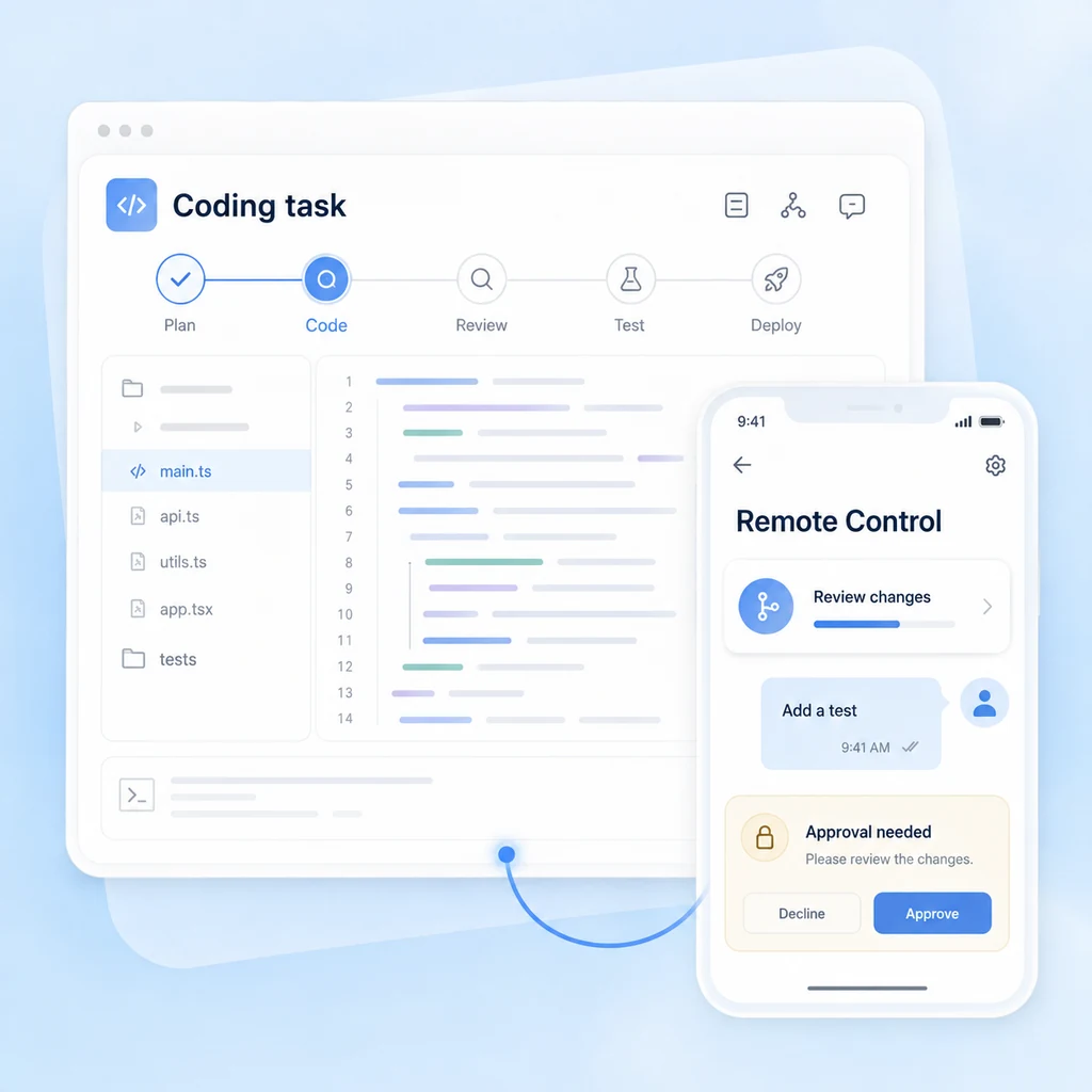 Illustrative desktop and phone task views connected for remote progress checks and permission approval.