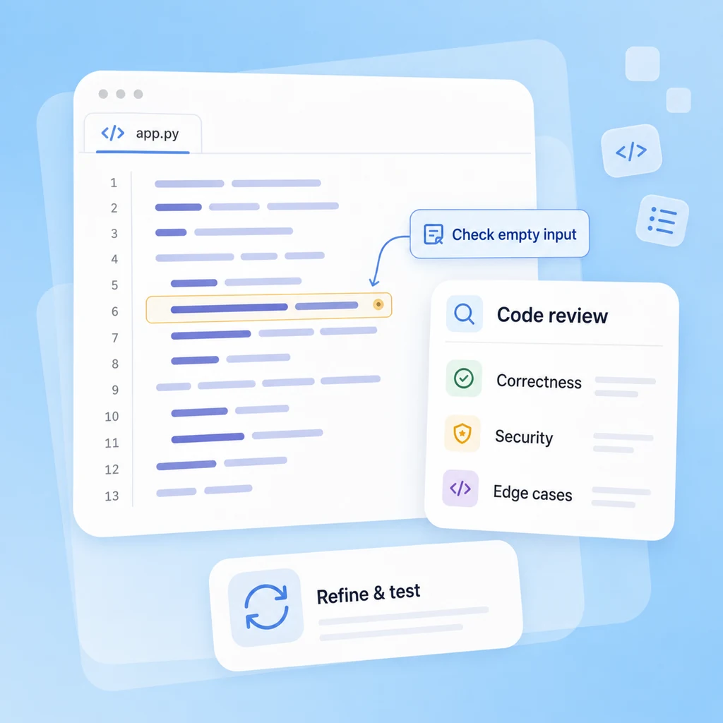 Illustrative code review workflow showing a code change, a review finding, and a revised test check.