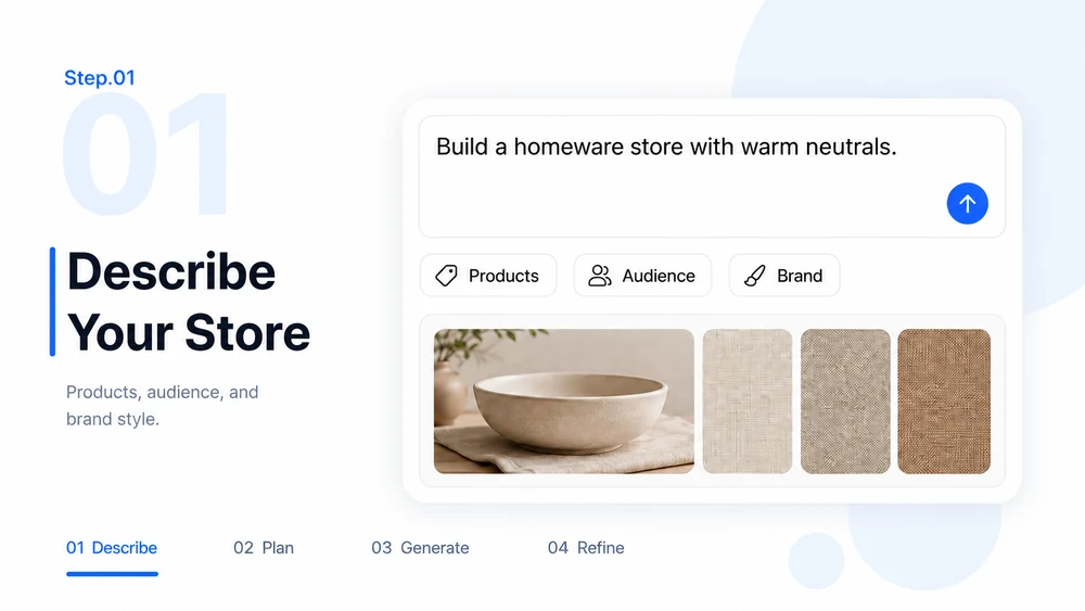 Step 01 illustration: a store brief with product, audience, and brand-style inputs.