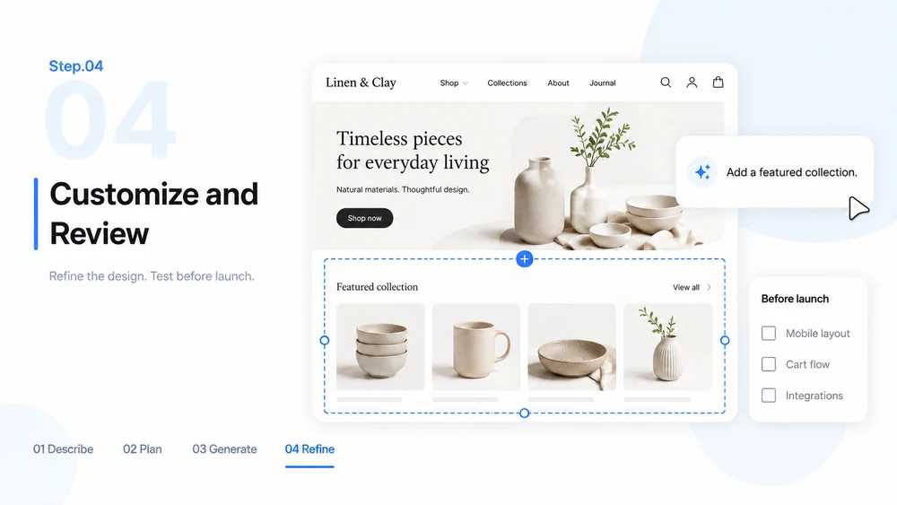 Step 04 illustration: a storefront refinement request and launch review checklist.