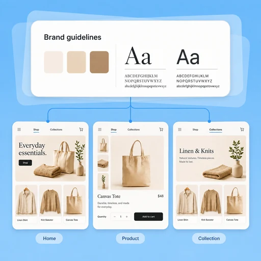 Illustration of shared brand colors and typography guiding consistent home, product, and collection pages.