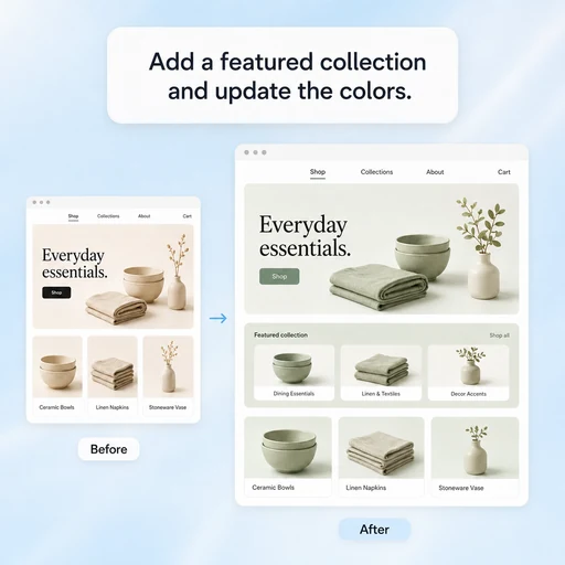 Illustration of a natural-language request updating an existing homeware storefront with a featured collection and sage accents.