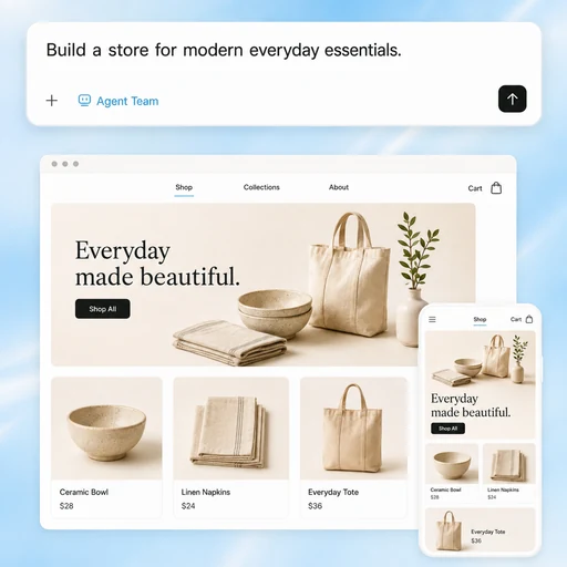 Illustration of a store brief becoming coordinated desktop and mobile homeware storefront concepts.
