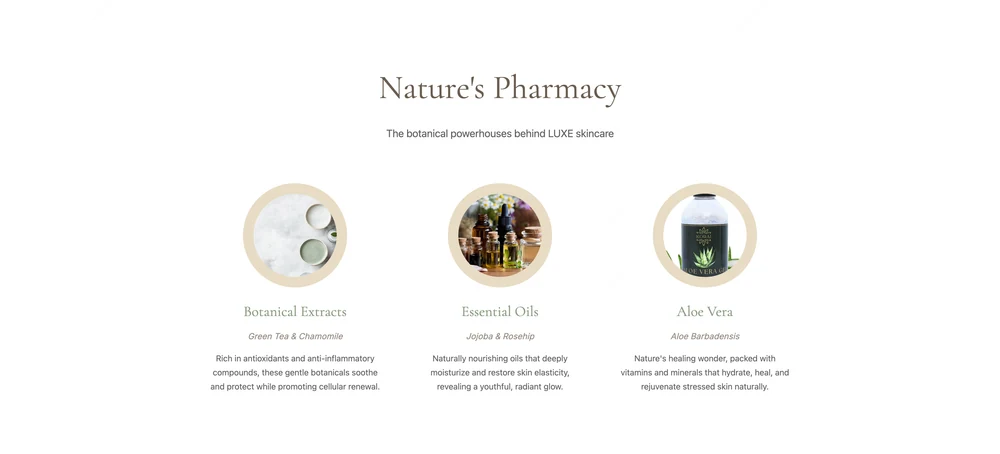 Luxury skincare website showing Nature's Pharmacy, botanical extracts, essential oils, and aloe vera.