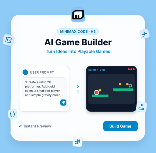Illustration of a game prompt becoming a playable platformer with controls, coins, and scoring in MiniMax Code
