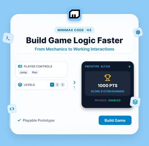 Illustration of player controls and levels connected to a game prototype with scoring and physics