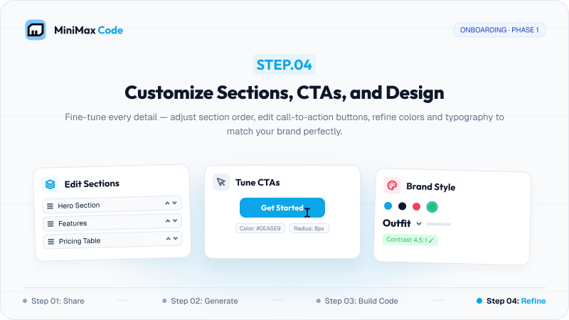 Step 4: Edit landing page sections, tune CTA buttons, and customize brand colors and typography