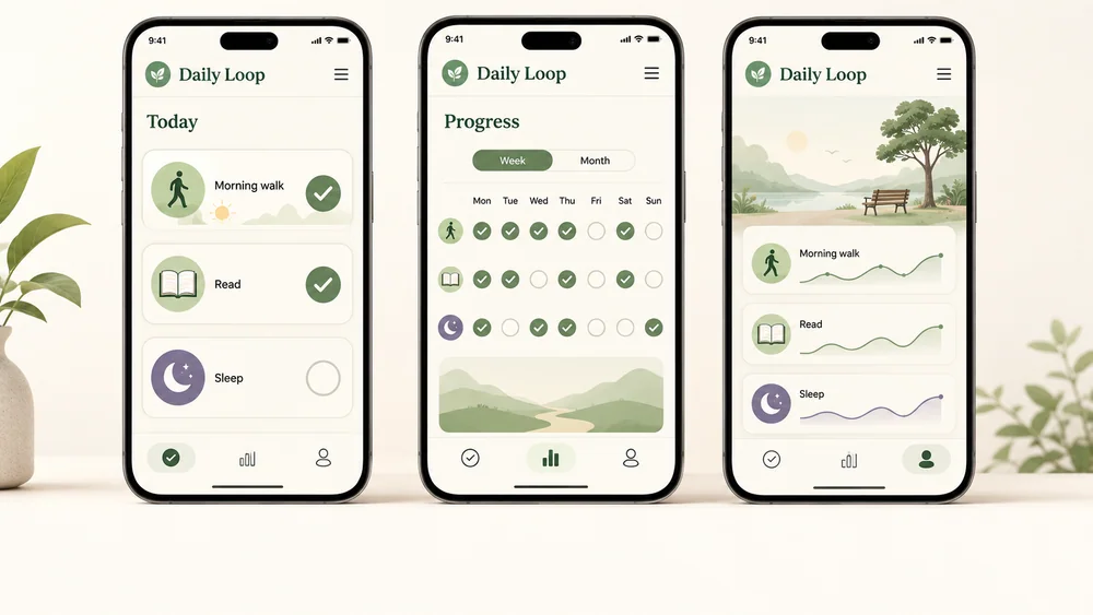 Illustrative habit-tracking app screens with a daily checklist and progress calendar.