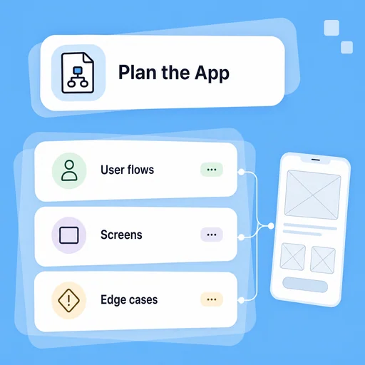 Illustrative app-planning cards connecting user flows, screens, and development tasks.