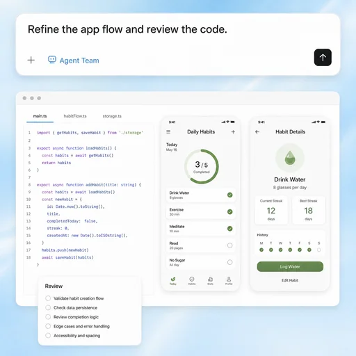 Illustrative prompt-to-code workflow beside mobile app preview screens.