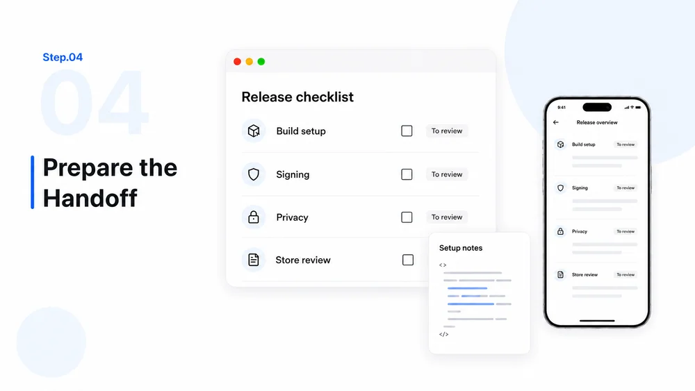 Illustrative mobile app workflow, step 4: prepare build notes, signing, privacy, and store-review tasks.