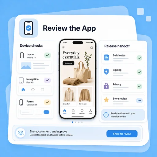 Illustrative mobile app review workspace with device checks and release-handoff tasks.