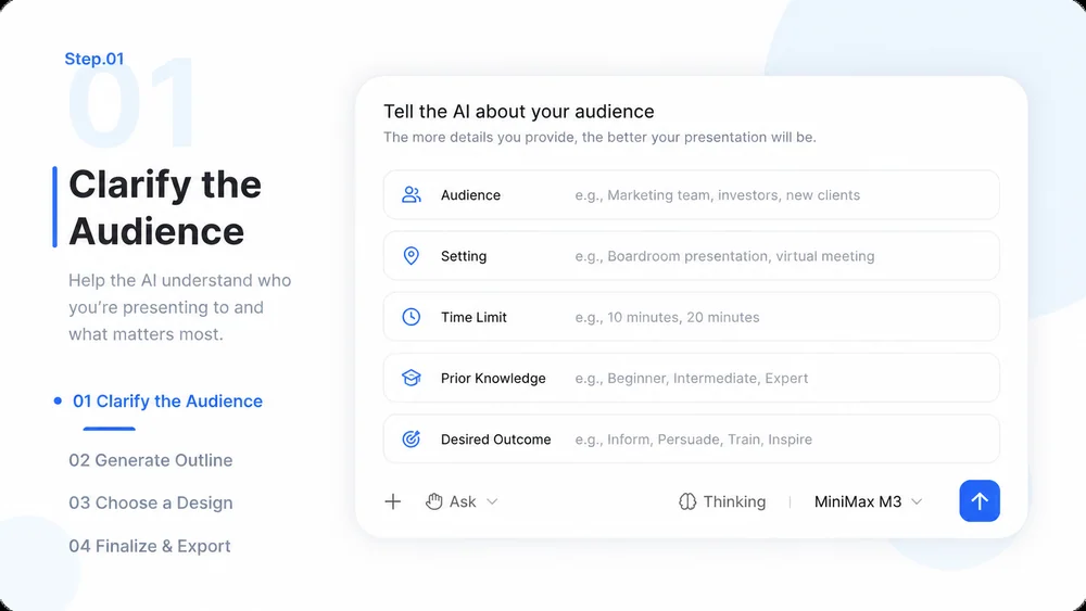 AI Presentation Maker workflow, step 1: Clarify the Audience.