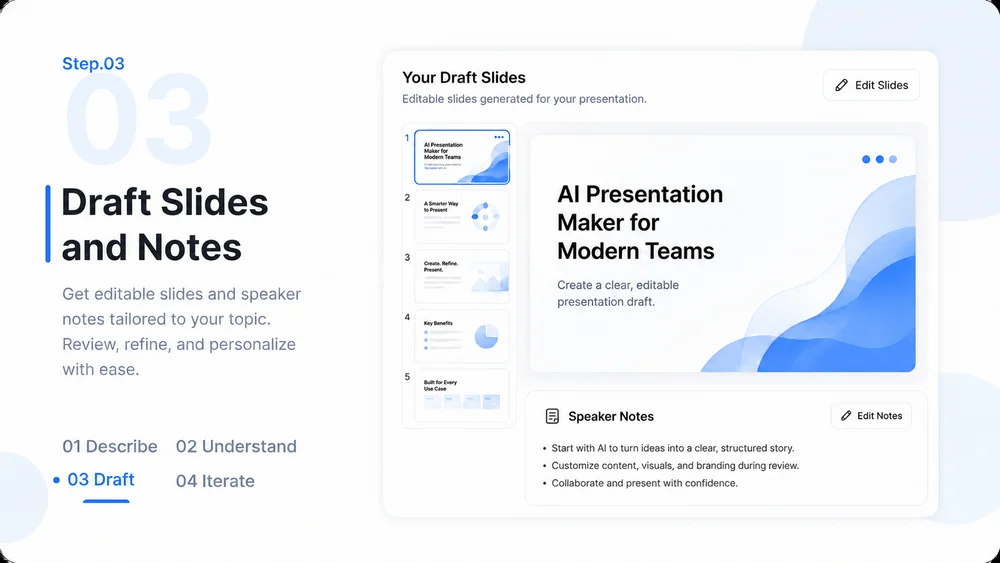 AI Presentation Maker workflow, step 3: Draft Slides and Notes.