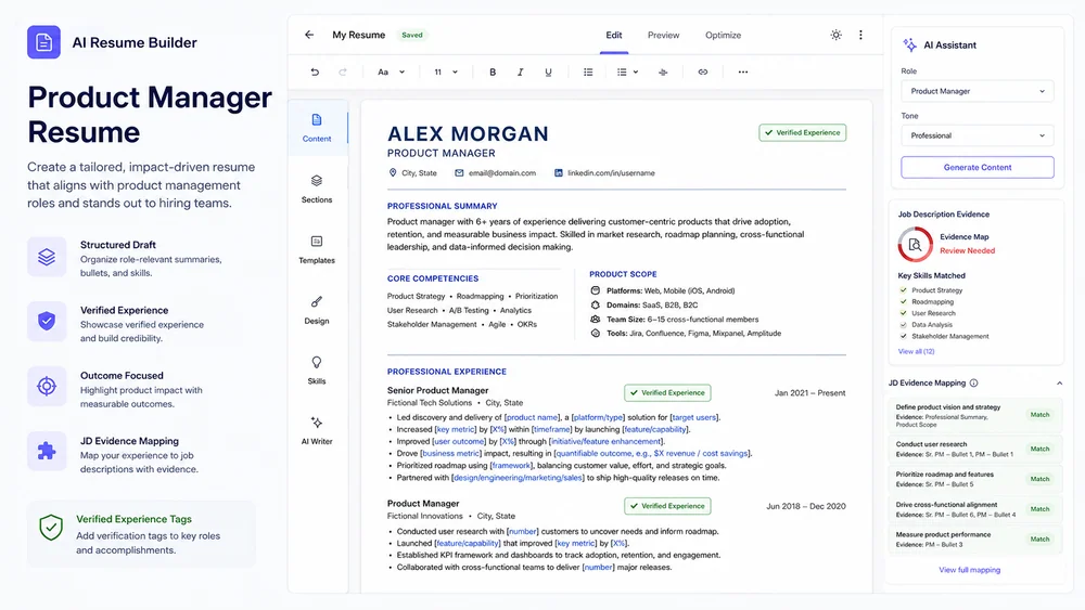 Illustrative product manager resume generated from a focused brief.