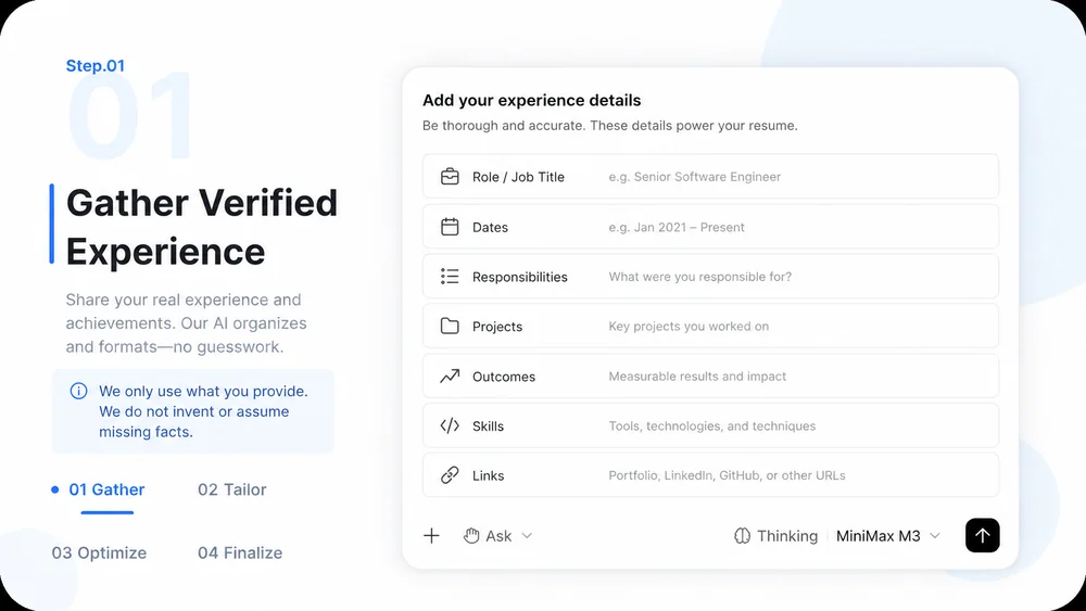 AI Resume Builder workflow, step 1: Gather Verified Experience.