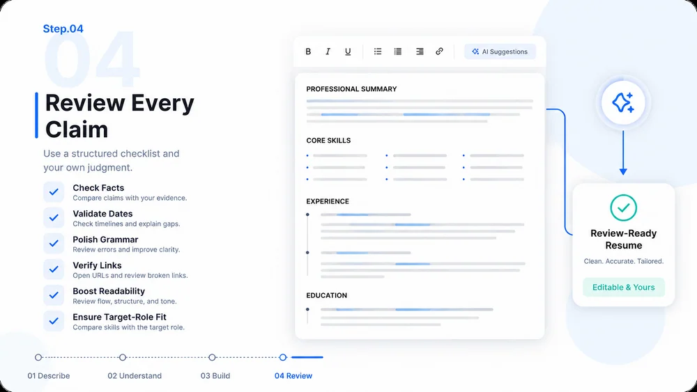 AI Resume Builder workflow, step 4: Review Every Claim.