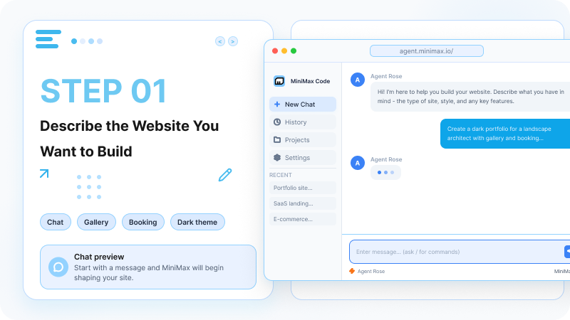 A chat prompt describing a website goal, with a portfolio website example