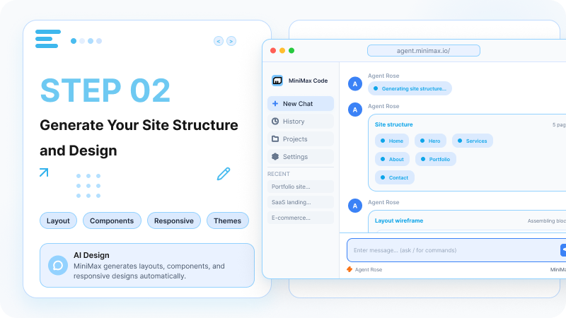 MiniMax Code generating a site map, page structure, layout wireframe, and responsive design