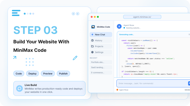 MiniMax Code generating website code with build and preview controls