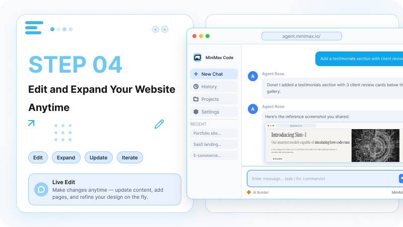 A follow-up prompt adding a testimonials section and refining an existing website
