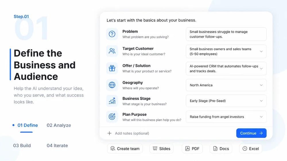 AI Business Plan Generator workflow, step 1: Define the Business and Audience.