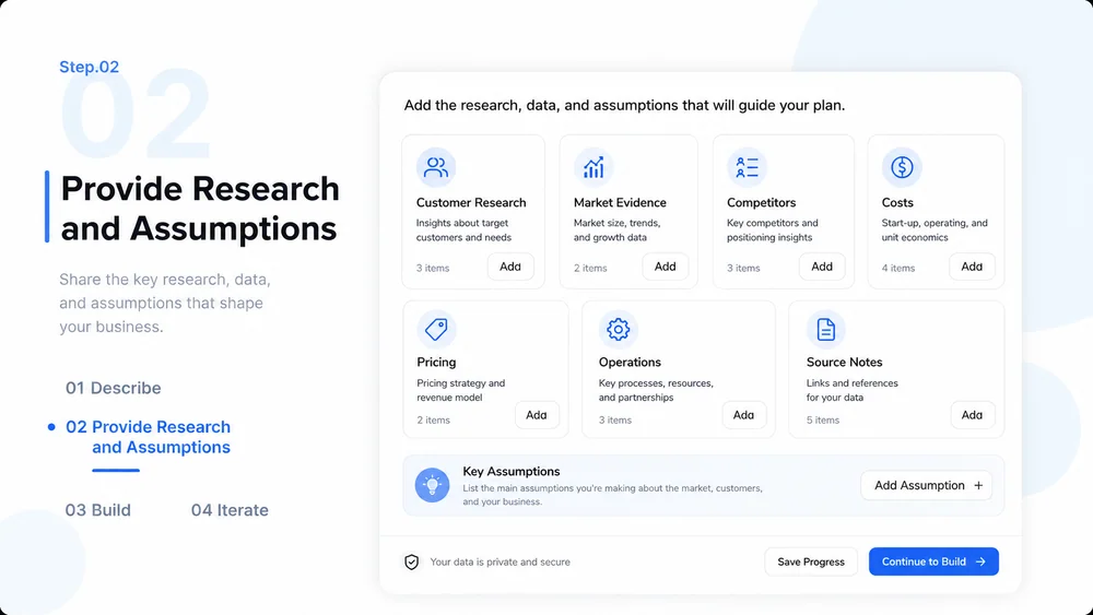 AI Business Plan Generator workflow, step 2: Provide Research and Assumptions.