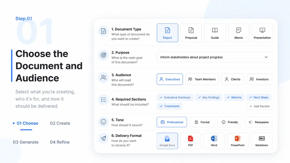 AI Document Generator workflow, step 1: Choose the Document and Audience.