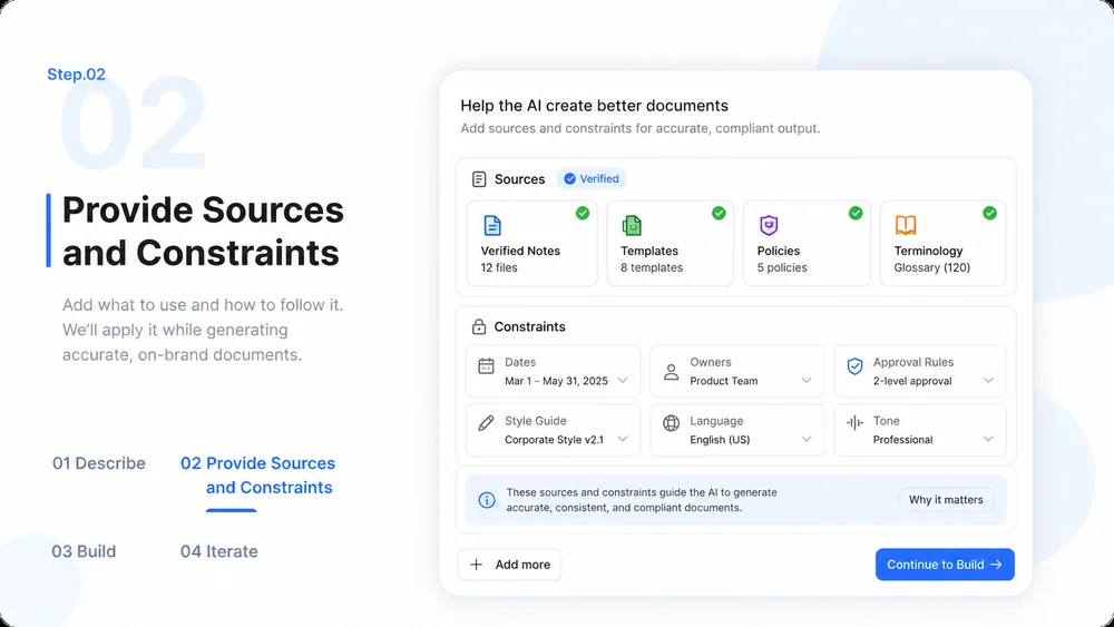 AI Document Generator workflow, step 2: Provide Sources and Constraints.