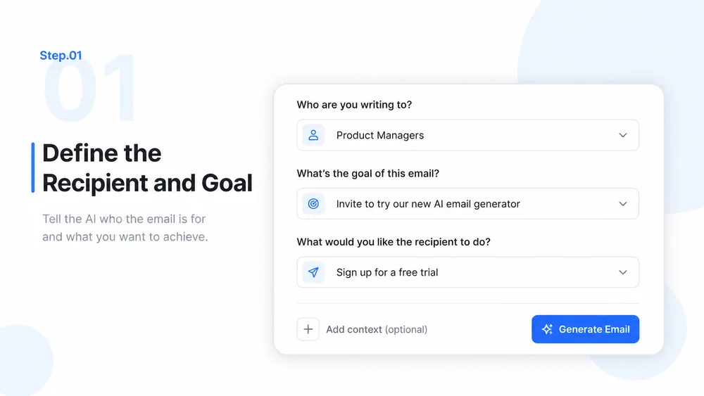 AI Email Generator workflow, step 1: Define the Recipient and Goal.