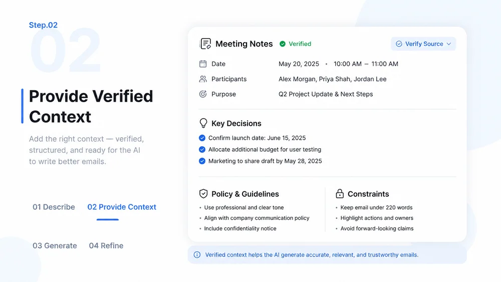 AI Email Generator workflow, step 2: Provide Verified Context.