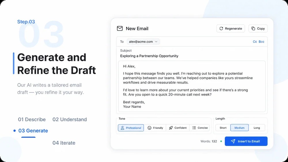 AI Email Generator workflow, step 3: Generate and Refine the Draft.