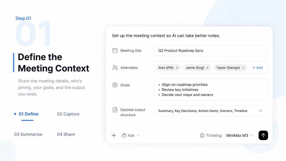 AI Meeting Notes workflow, step 1: Define the Meeting Context.