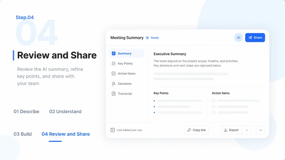 AI Meeting Notes workflow, step 4: Review and Share.