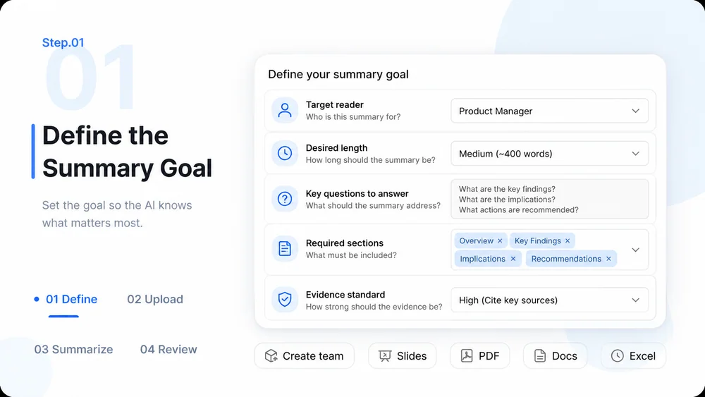 AI PDF Summarizer workflow, step 1: Define the Summary Goal.