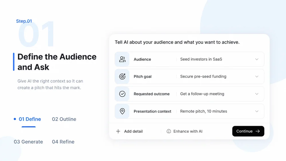 AI Pitch Deck Generator workflow, step 1: Define the Audience and Ask.