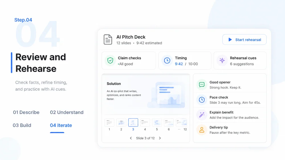 AI Pitch Deck Generator workflow, step 4: Review and Rehearse.