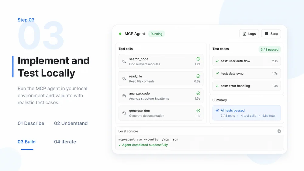 MCP Agent workflow, step 3: Implement and Test Locally.