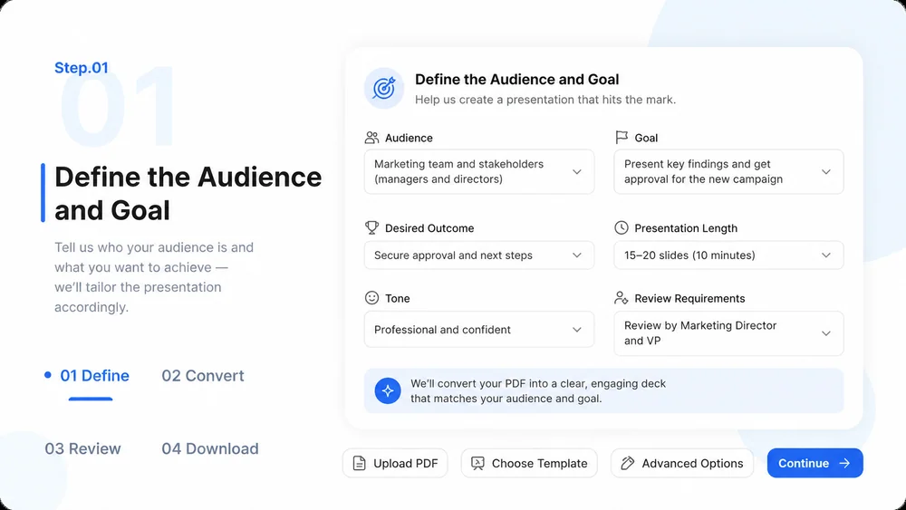 PDF to PPT Converter workflow, step 1: Define the Audience and Goal.