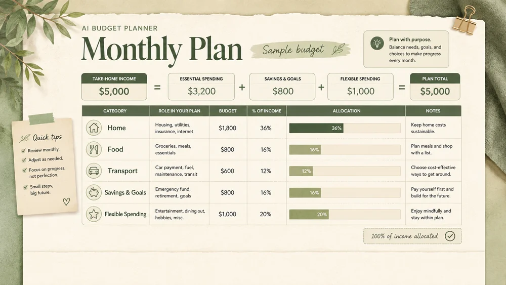 Illustrative monthly household budget concept for AI Budget Planner; not a verified customer result.