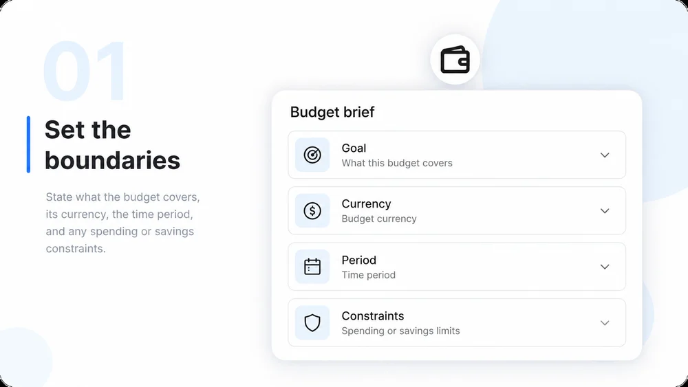Illustrative AI Budget Planner step 1: Choose the Goal and Period.