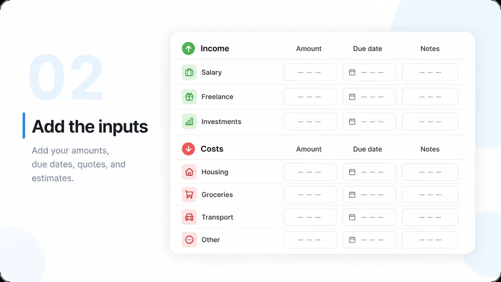 Illustrative AI Budget Planner step 2: Provide Income and Costs.