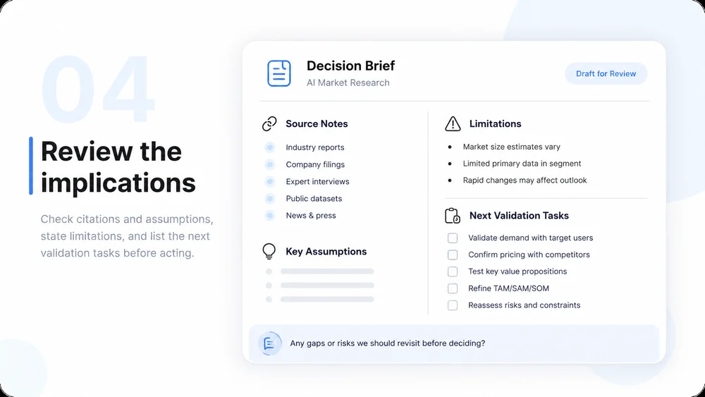 Illustrative AI Market Research step 4: Review the Decision Brief.