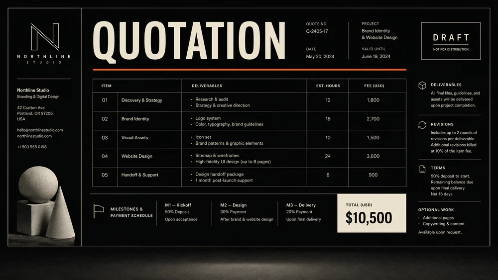 Illustrative creative services quote concept for AI Quotation Generator; not a verified customer result.