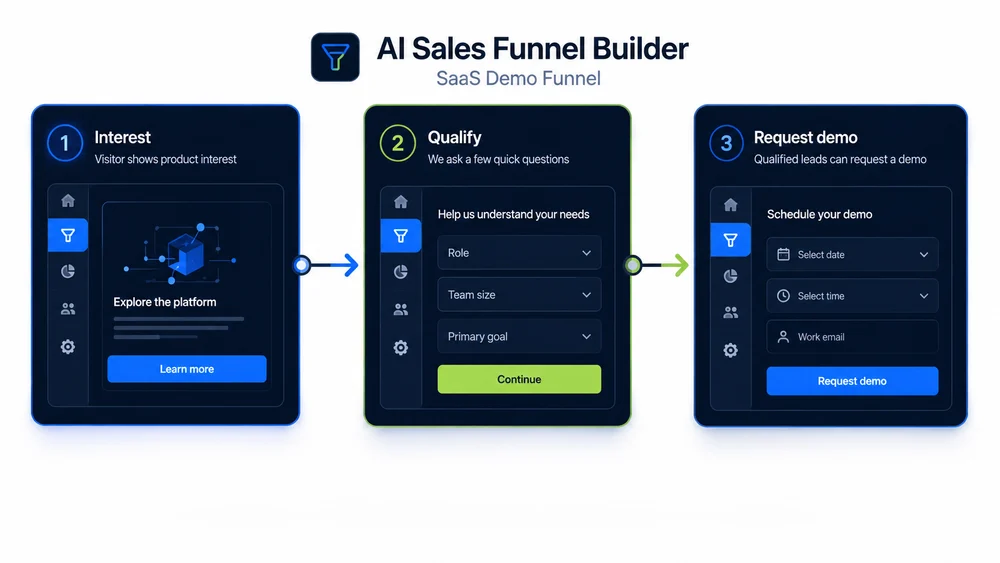 Illustrative saas demo funnel concept for AI Sales Funnel Builder; not a verified customer result.