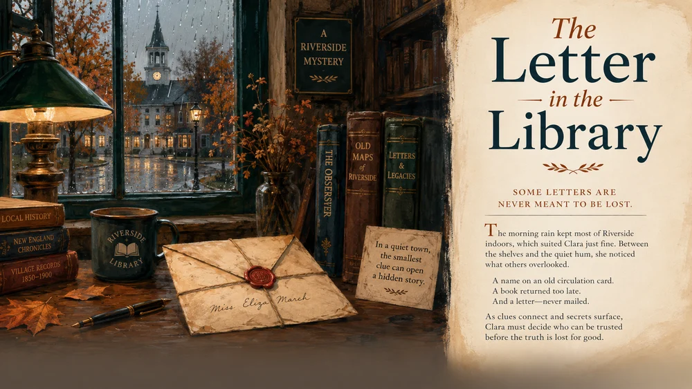 Illustrative cozy mystery concept for AI Story Generator; not a verified customer result.