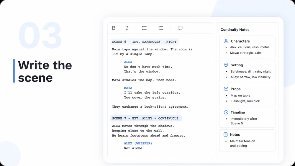 Illustrative AI Story Generator step 3: Write Scene by Scene.