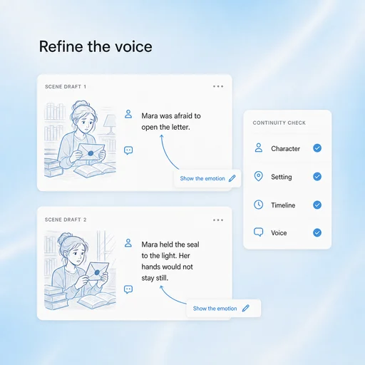 Illustrative AI Story Generator workflow: Revise the Scene, Keep Your Intent.