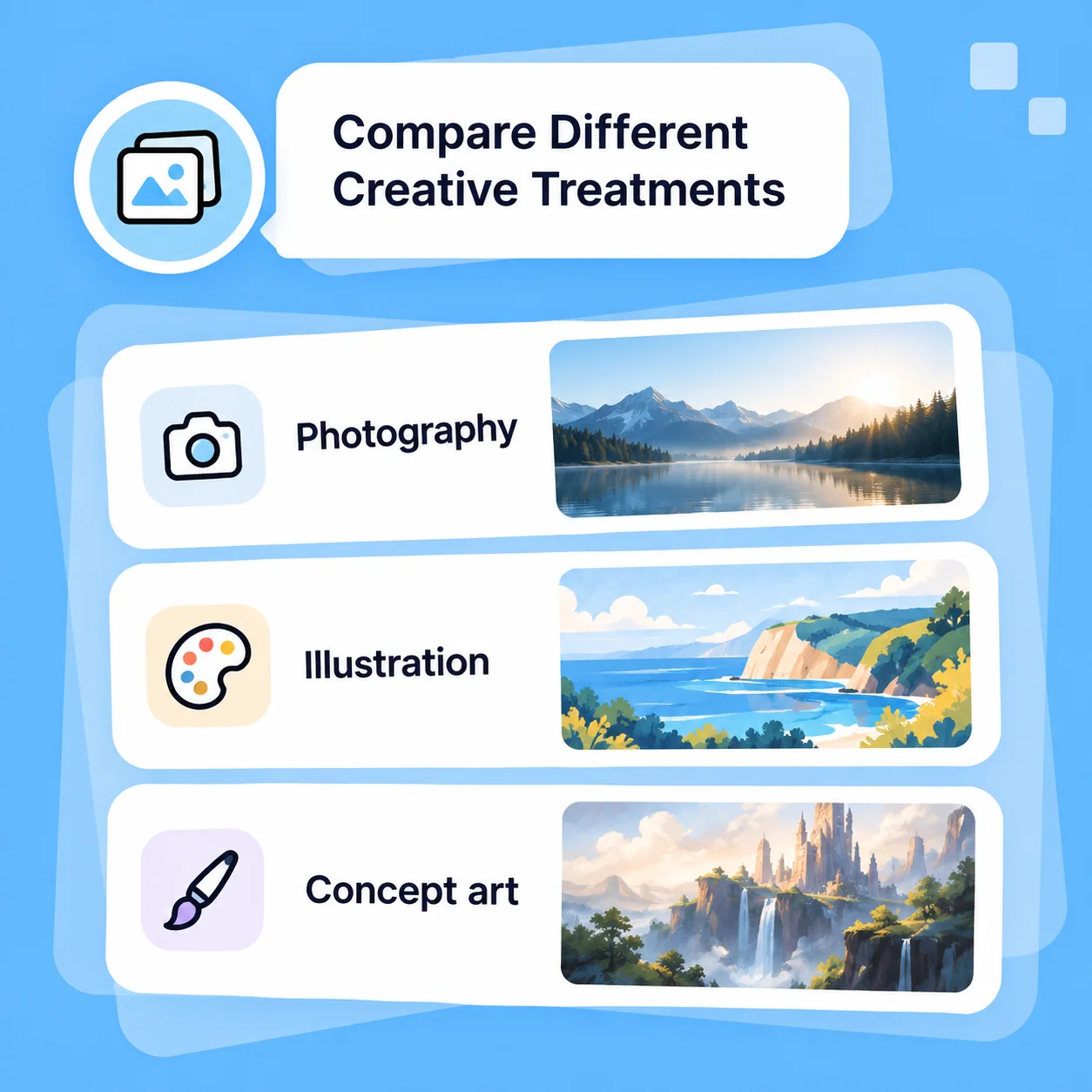 Illustrative AI Image Generator workflow: Compare Different Creative Treatments.